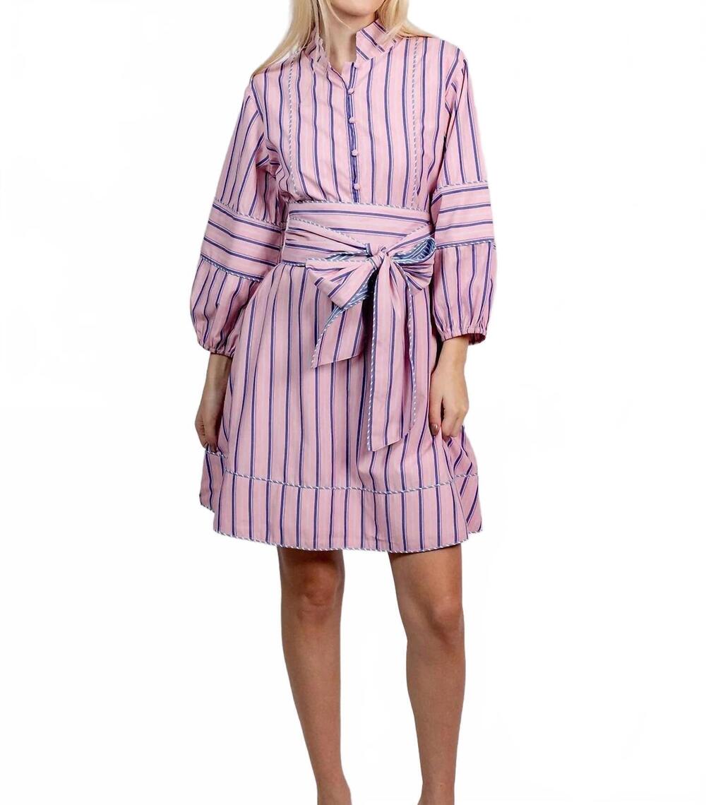NEW SUE SARTOR flounce shorty dress in oxford blue/pink stripe